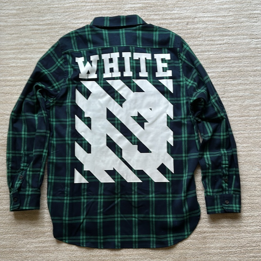 Off White OW 13 Navy Green Plaid Button Down Shirt Size Medium